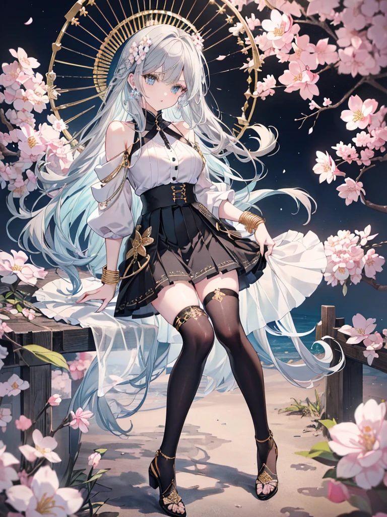 8k,High resolution RAW color art, Anime Art,Silver Marble Skin, (((Highly detailed elegant))), Detailed skin, texture,(Exquisitely crafted, The finer details, Ultra-detailed art), (1 Girl), Depth of written boundary, Silky Touch, Hyper Detail, Cool face, eye shadow、Armed pretty woman, Beautiful attention to detail, Beautiful lip detail, Highly detailed face, Delicate depiction of hair and eyes, Detailed Fashion, Blue sparkling eyes, Earrings, Slightly larger breasts,Full body depiction, ,Focus on the user、Stylish white off-shoulder pants、((((Black above the knee skirt)))、Black tights up to the knee、Thighs、Golden decoration, Gray Hair, Golden bracelet, Long Straight Hair, Heavy hair、Light blue outer color、(((Hair)))、sweater、Cherry Blossoms at Night(Lesoonlight、肌面積Lesature)))、Calm background