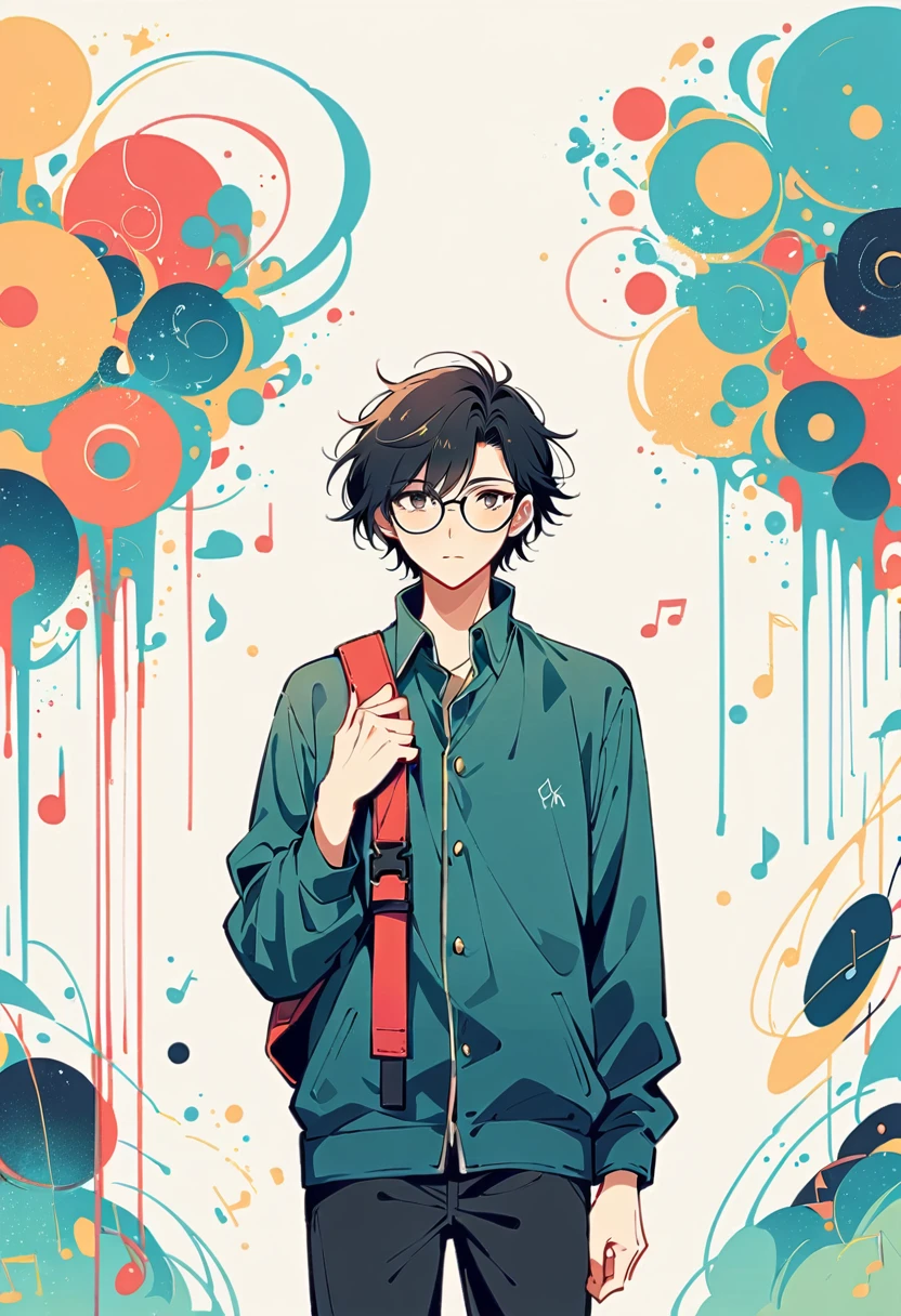 Watase Seizo style, Standing in front of a wall,Simple line initials,Abstract art,Upper Body,The World of Musical Notes, Short Hair,Black Hair,Wear headphones, Large black-rimmed glasses, (((The most beautiful men))), (((a bit)))