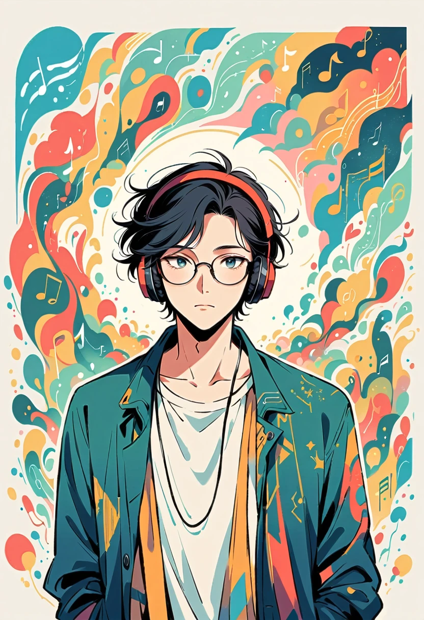 Watase Seizo style, Standing in front of a wall，Simple line initials，Abstract art，Upper Body,The World of Musical Notes, Short Hair,Black Hair,Wear headphones, Large black-rimmed glasses, (((The most beautiful men))), (((a bit)))