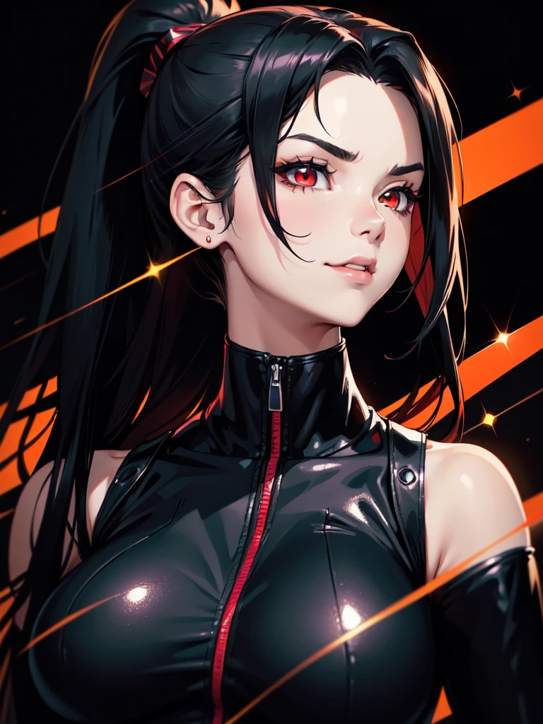 (((Portrait Photo))), She has a Bold, Assertive 18-Year-Old Appearance, with a Strong, Curvaceous Build, and an Cheerful Demeanor. She has Long, Straight Black Hair Tied in a High Ponytail, with Loose Strands Framing Her Face. Her Fiery Red Eyes Sparkle with Boldness and Mischief, Giving Off a Fearless and Self-Confident Attitude. She Wears a Black, Form-Fitting Sleeveless Bodysuit with Cutouts, Paired with a Leather Jacket. (((High Quality, Dark Background))), (((Portrait Photo)))
