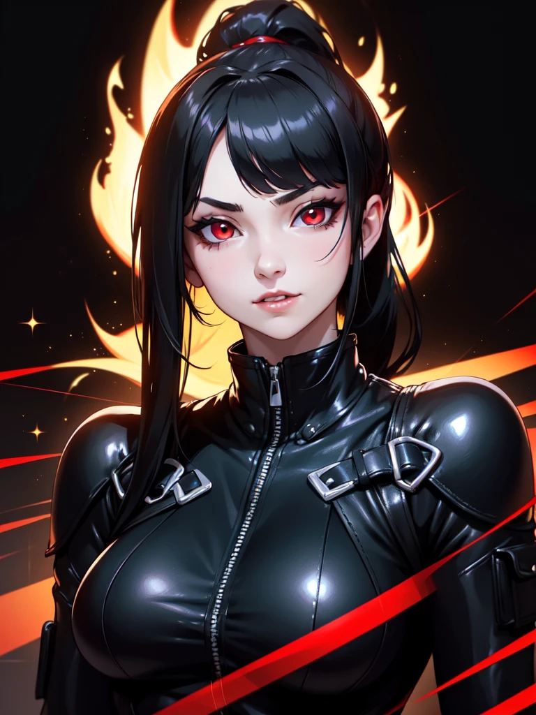 (((Portrait Photo))), She has a Bold, Assertive 18-Year-Old Appearance, with a Strong, Curvaceous Build, and an Cheerful Demeanor. She has Long, Straight Black Hair Tied in a High Ponytail, with Loose Strands Framing Her Face. Her Fiery Red Eyes Sparkle with Boldness and Mischief, Giving Off a Fearless and Self-Confident Attitude. She Wears a Black, Form-Fitting Sleeveless Bodysuit with Cutouts, Paired with a Leather Jacket. (((High Quality, Dark Background))), (((Portrait Photo)))