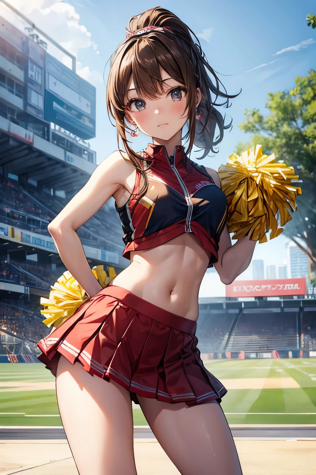 masterpiece,Highest quality,Very detailed,Dancing cheerleader beautiful girl, teenager,Brown hair ponytail,Beautiful and detailed eyes,skinny, full body,Dynamic