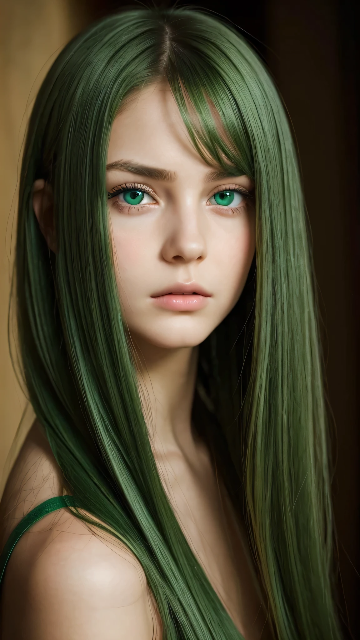 a girl. face sent feeling. Europe. Oval face. long face. delicate facial features. sad eyes. seductively seductive. green eyes. long straight hair. green hair. Sad and disappointed expression.