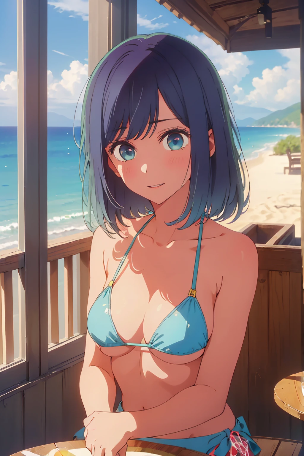 (Highest quality:1.4、masterpiece:1.4、Super detailed:1.4、8k:1.4)、((((1 person、Surprised expression、sit、Cafe Terrace、coastal、juice、table、Sandy Beach、juiceのグラスを持つ、Micro Bikini、Very soft 、Big eyes、Very cute face))))、(big Areolas protrude from bikini:1.4)、F cup bust、Medium breast、Underboob