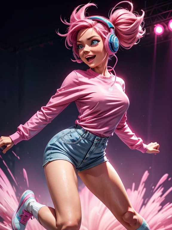a woman with pink hair, fair skin, blue eyes, wearing a pink long-sleeved shirt, blue headphones, ankle socks, strong legs. expression of joy, happiness, dynamic pose.