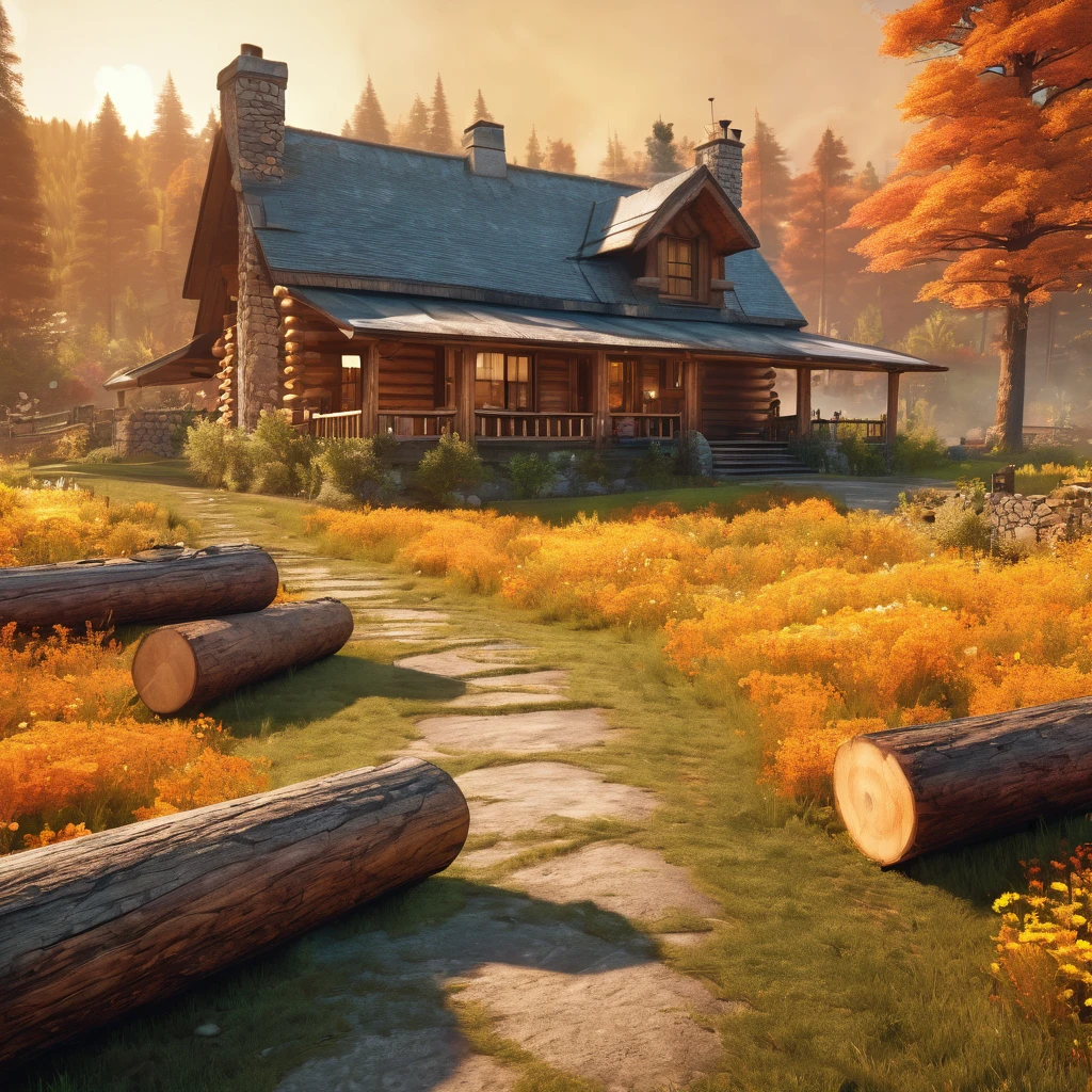 centered ground shot of Hyperrealistic digital image of a charming flowery varnished logs made cottage nestled in the woods,log columns,rustic,pathway,meadows,and far hills,burning clouds in a gradient orange yellow sky,niji anime style,hyper-maximalism,raw photography,ultra-detailed photorealistic textures,artistic bokeh,beautiful lighting,hyper-detailed,sharp focus,unreal engine,WLOP,HDR,8k,vray,(masterpiece), best quality