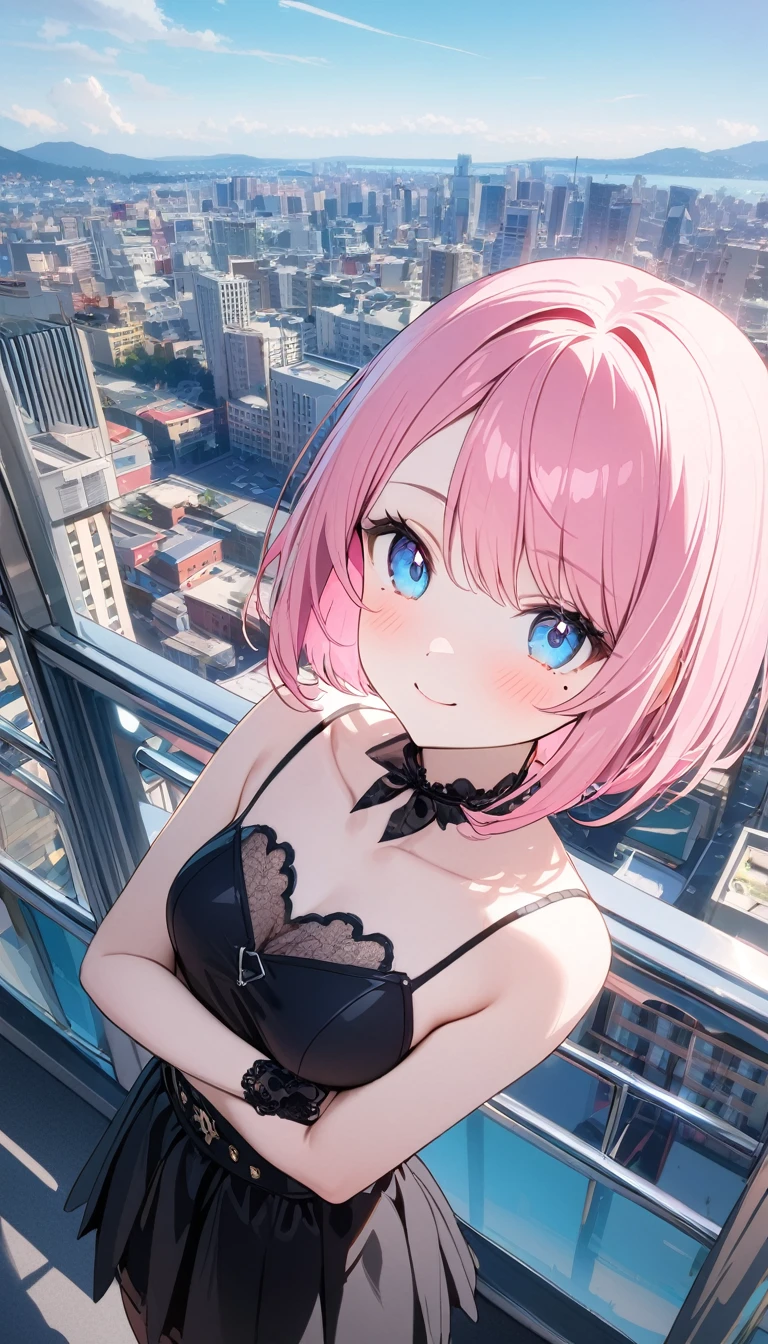 (1 girl),(Best Picture Quality, 8K, Masterpiece:1.3), (high school student:1.5), ((pink lob hair:1.1)), (bob cut),(swept bangs), (cute eyes, pupil black, iris skyblue, youthful face), (mole under right eye), (standard weight), (small breasts), (glistening skin:1.1),(pale skin:1.2),((Nymphet fashion)),((City)),(magnificent view),(Smile).