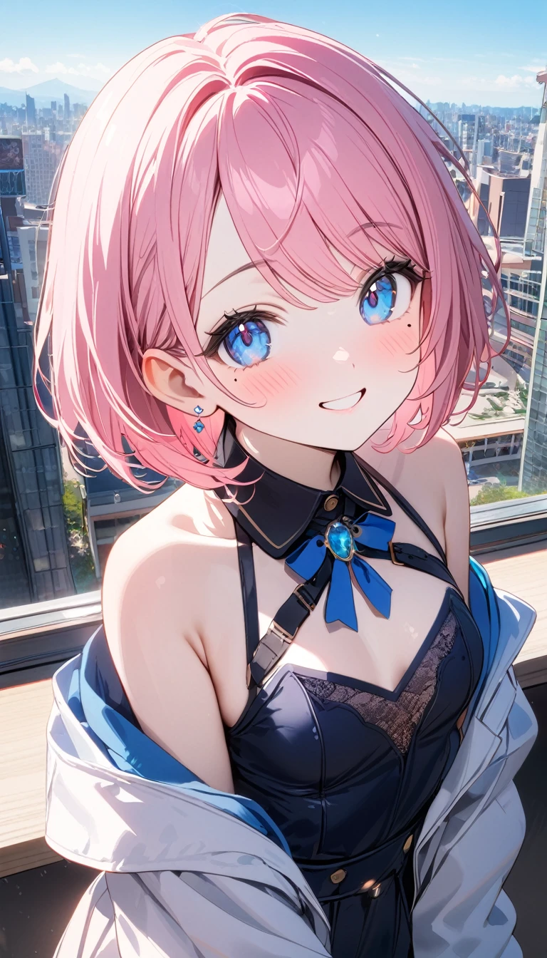 (1 girl),(Best Picture Quality, 8K, Masterpiece:1.3), (high  student:1.5), ((pink lob hair:1.1)), (bob cut),(swept bangs), (cute eyes, pupil black, iris skyblue, youthful face), (mole under right eye), (standard weight), (small breasts), (glistening skin:1.1),(pale skin:1.2),((Nymphet fashion)),((City)),(magnificent view),(Smile).