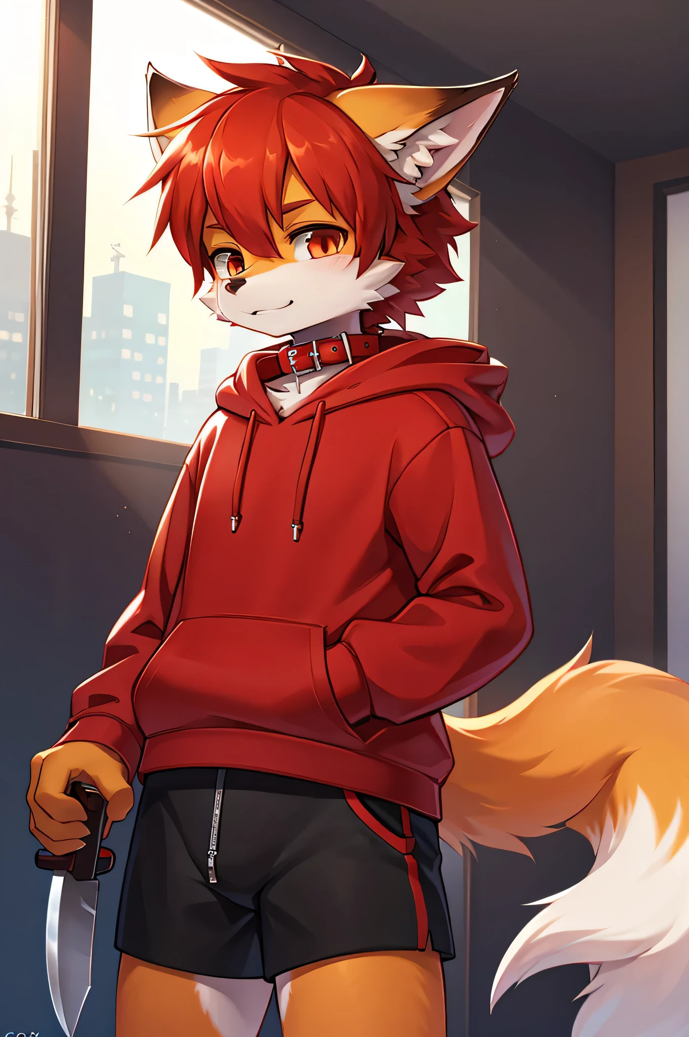 fox boy,Red collar,4K resolution,Boy in hoodie with knife in hand,cool,Red hoodie