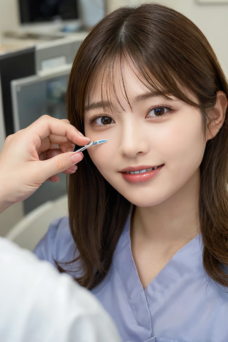 A dental hygienist performing a dental check-up on a patient, the patient looking up at her from below, highly detailed, photorealistic, dental clinic setting, professional and caring atmosphere