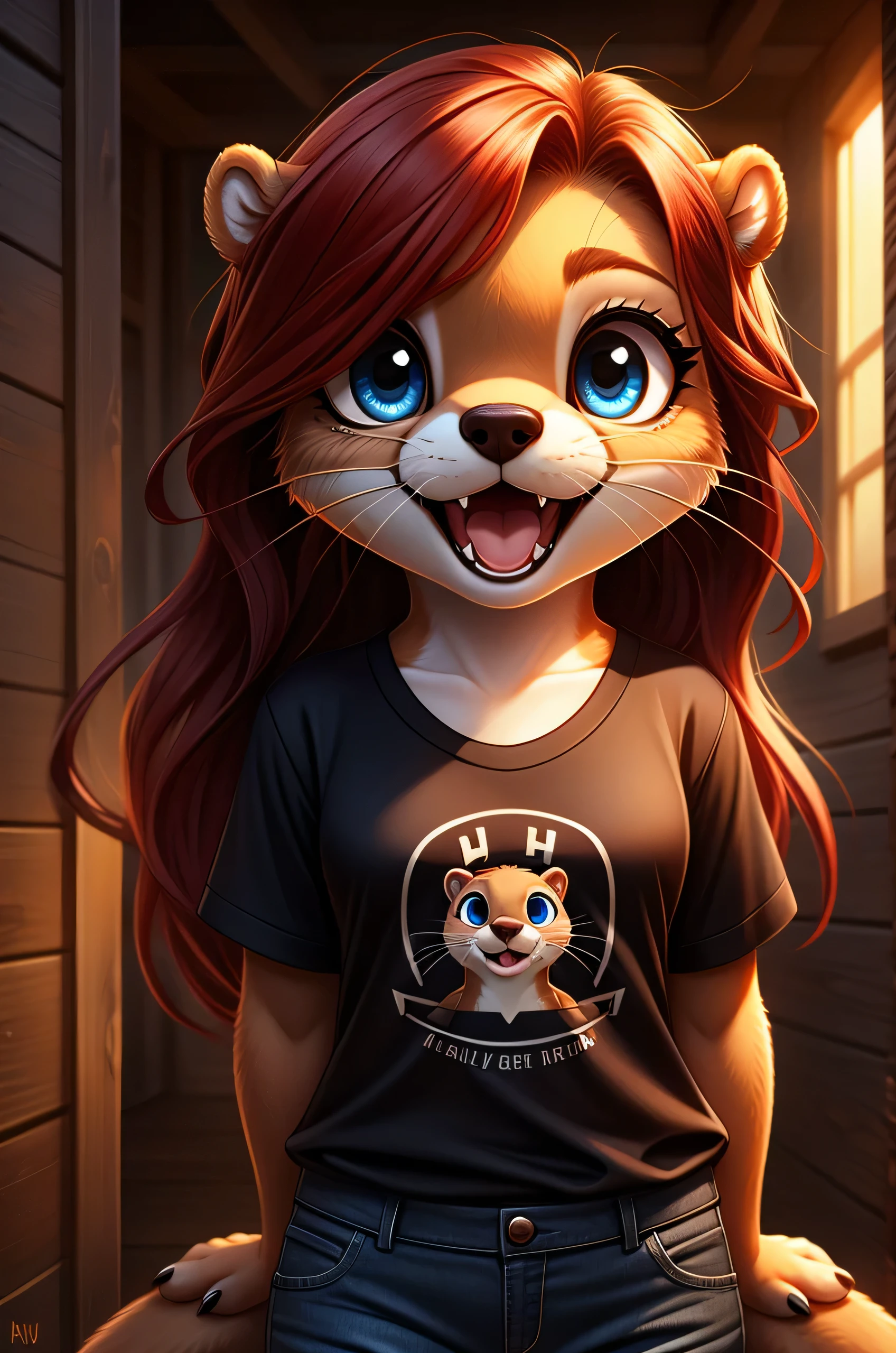 Furry, Female, otter, cute face, insane, very cute otter,  long red hair, black T-Shirts, Jeans, high detailed eye,