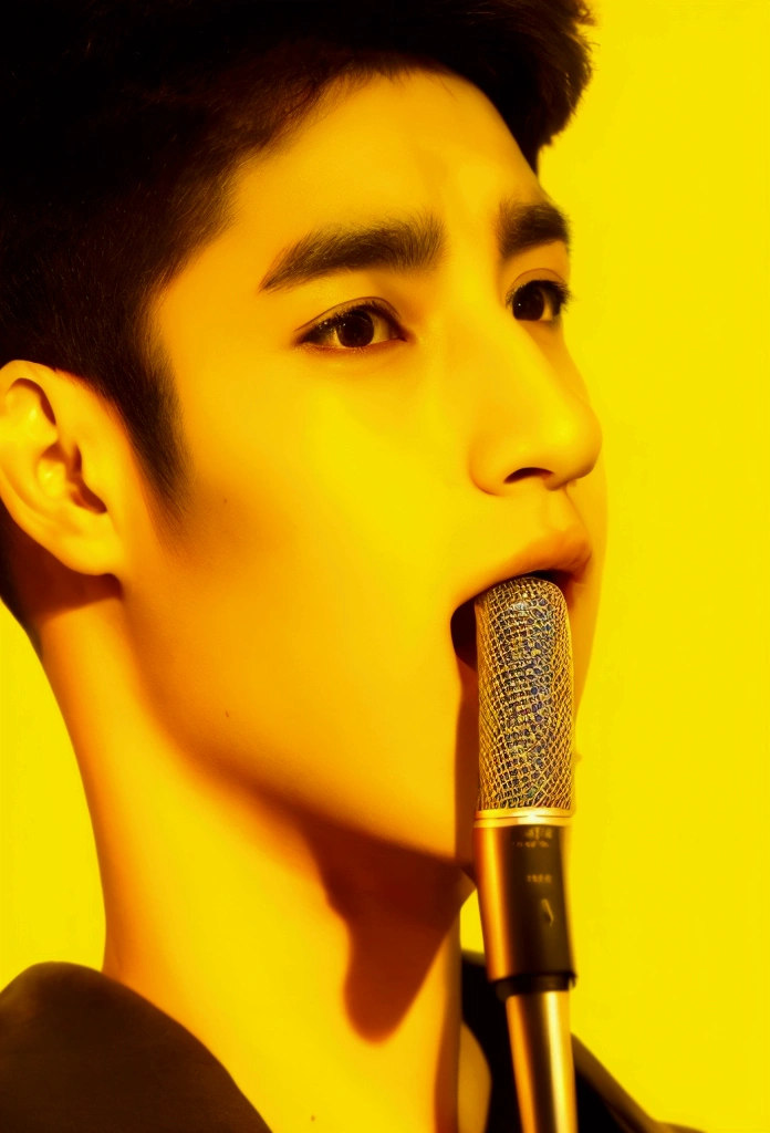 holding mic, holding neck, Sore throat , aisa, realistic, man, plain background, yellow background, look sick