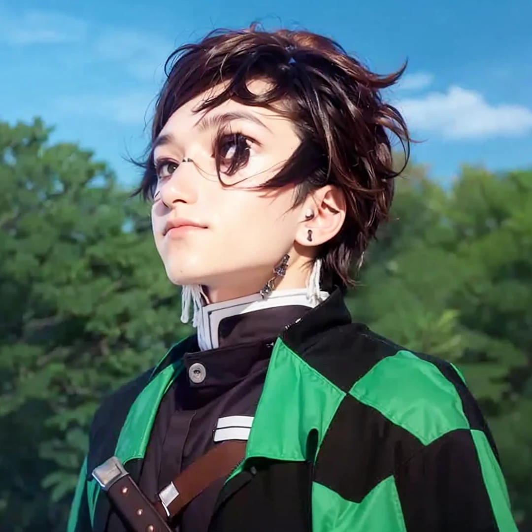 a boy brown hair holding a sword near a fire,Green and black plaid shirt, realistic photo ,cinematic