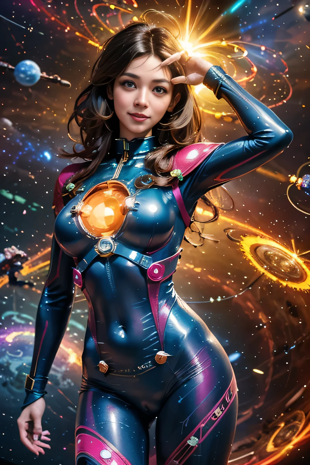 Masterpiece, Top Quality, 8K, Detailed, High Resolution, Perfect Anatomy, Physically Based Rendering, Colorful Digital Fantasy Art, (Photorealistic: 1.3), (1 Female), 20 Years Old, (Cowboy Shot), Sexy and Cute Pose Typical of Women, Alluring, Sexy, Erotic, Beautiful Face, Detailed Face, Perfect Proportions, Huge Breasts, Tiny Waist, Navel, Gap Between Legs, Thighs, Dynamic Pose, Rugged Skin, Long Curly Hair, Precise Anatomy, Smiling Kindly, ((Woman in a Bodysuit with Glowing Body and Colorful Swirls: 1.2)), (Bodysuit with Solar System Design: 1.5), Well-proportioned Six-Head Body, Perfect Hourglass Figure, Space Goddess, Colorful Aura, Psytrance Artwork, Galaxy Goddess, Astral Body Appearance, Space-Time Goddess, Astral Ether, Space Goddess Portrait, Fantasy Digital Art,