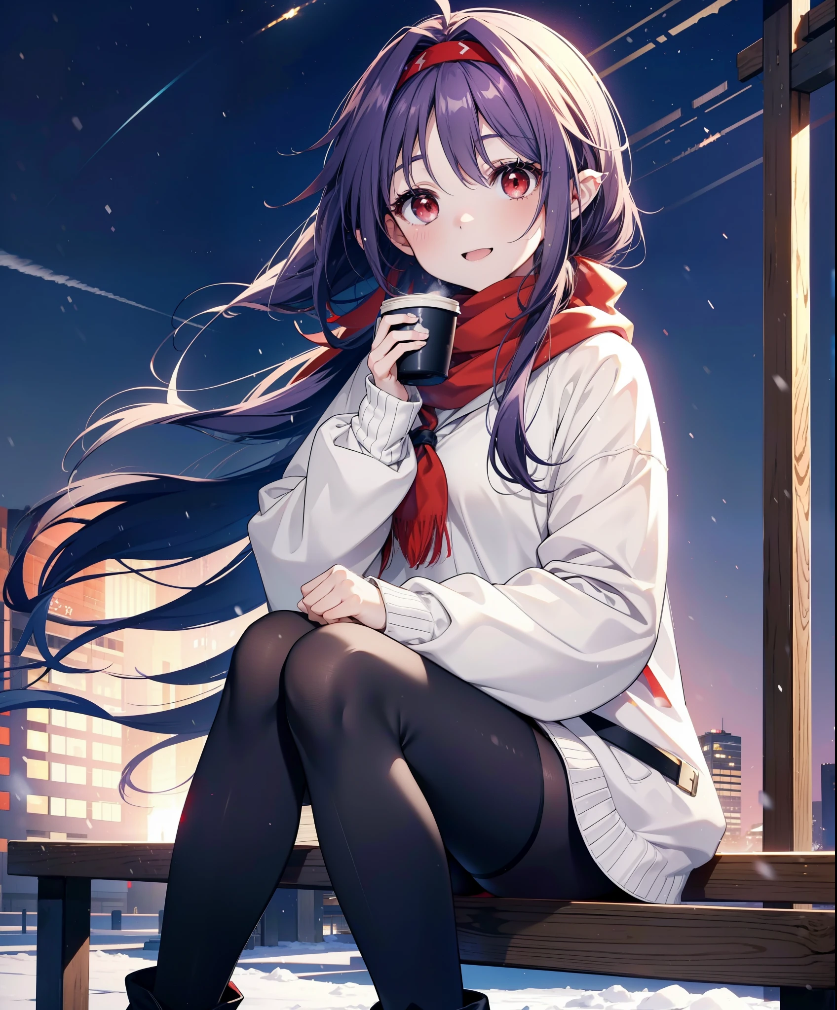 yuukikonno, Konno Yuuki, Long Hair, Pointed Ears, Purple Hair, (Red eyes:1.5), (Small breasts:1.2), Open your mouth,happy smile, smile, Open your mouth,hair band,low twin tail,Red Scarf,Oversized purple hoodie,Long skirt,Black pantyhose,short boots,Holding a paper cup of coffee in both hands,Sitting on a bench,snowが降っている,snowが降り積もっている,snow,snow,snow,snow,snowが積もった木,winter,Cold Sky,night,whole bodyがイラストに入るように,
break looking at viewer,  whole body,
break outdoors, garden,
break (masterpiece:1.2), Highest quality, High resolution, unity 8k wallpaper, (figure:0.8), (Beautiful attention to detail:1.6), Highly detailed face, Perfect lighting, Highly detailed CG, (Perfect hands, Perfect Anatomy),