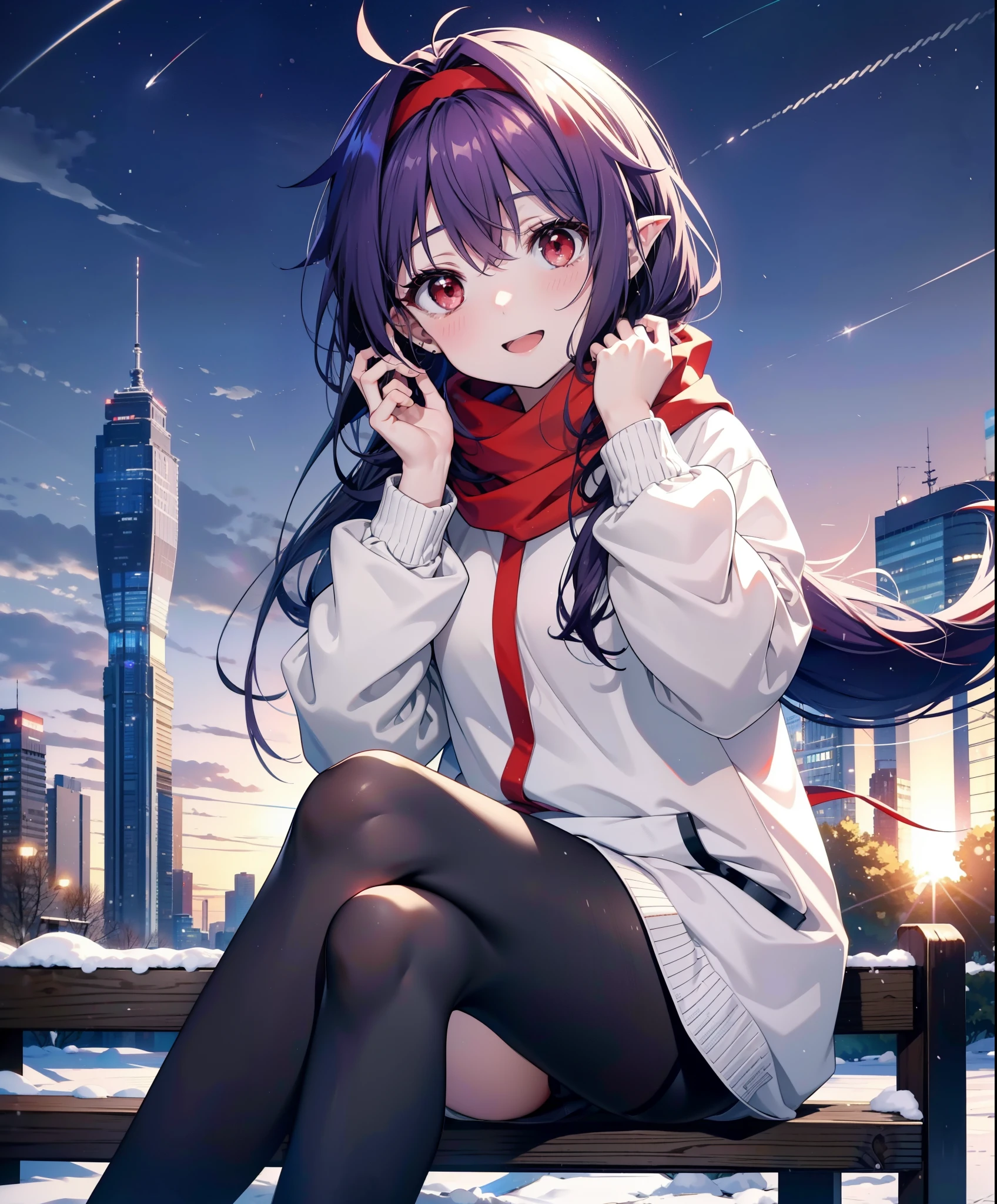 yuukikonno, Konno Yuuki, Long Hair, Pointed Ears, Purple Hair, (Red eyes:1.5), (Small breasts:1.2), Open your mouth,happy smile, smile, Open your mouth,hair band,low twin tail,Red Scarf,Oversized purple hoodie,Long skirt,Black pantyhose,short boots,Holding a paper cup of coffee in both hands,Sitting on a bench,snowが降っている,snowが降り積もっている,snow,snow,snow,snow,snowが積もった木,winter,Cold Sky,night,whole bodyがイラストに入るように,
break looking at viewer,  whole body,
break outdoors, garden,
break (masterpiece:1.2), Highest quality, High resolution, unity 8k wallpaper, (figure:0.8), (Beautiful attention to detail:1.6), Highly detailed face, Perfect lighting, Highly detailed CG, (Perfect hands, Perfect Anatomy),