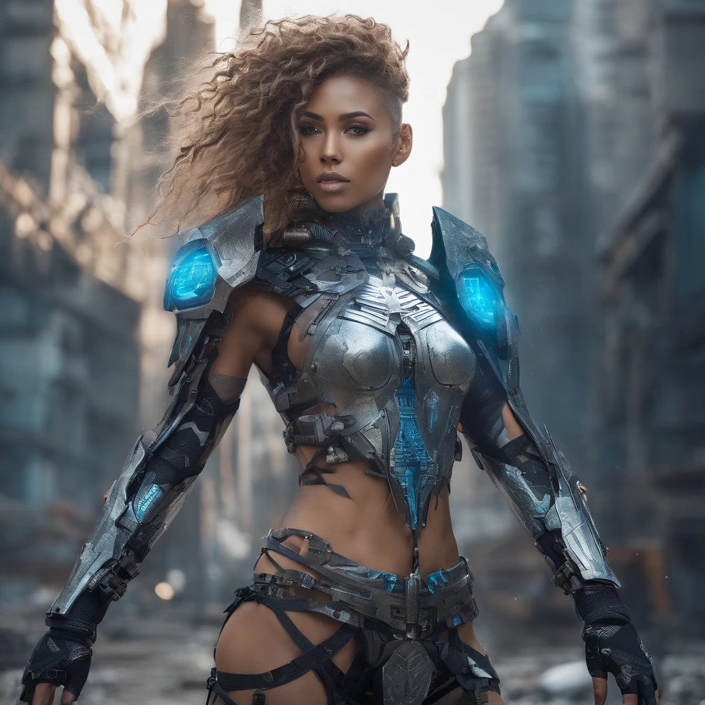 detailed photo of a futuristic beautiful female warrior in a dystopian city, tattered outfit with rusty metal armor plates, long wild hair, tattooed arms and body, fashion pose, blue eyes with round iris, detailed face, apocalyptic environment, natural body pose, professional photographer, filmed with a professional SLR camera, professional fantasy artists, professional rococo and baroque background artists, professional artstation artists
