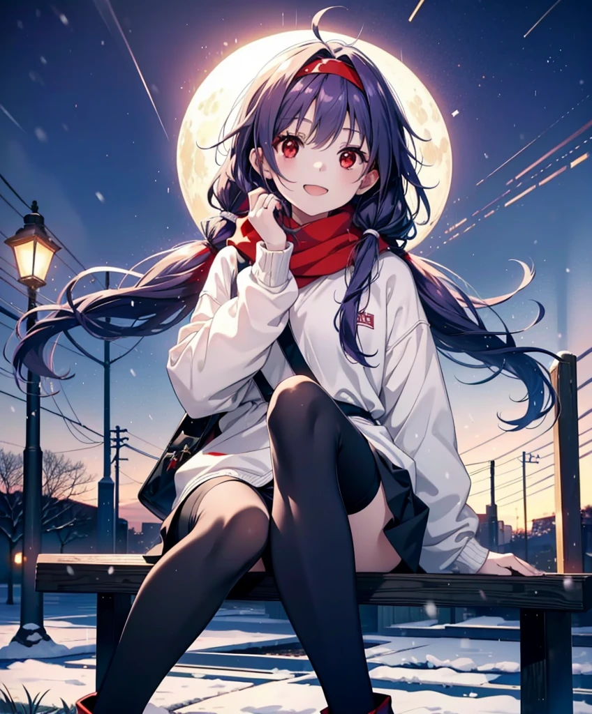 yuukikonno, Konno Yuuki, Long Hair, Pointed Ears, Purple Hair, (Red eyes:1.5), (Small breasts:1.2), Open your mouth,happy smile, smile, Open your mouth,hair band,low twin tail,Red Scarf,Oversized purple hoodie,Long skirt,Black pantyhose,short boots,Holding a paper cup of coffee in both hands,Sitting on a bench,snowが降っている,snowが降り積もっている,snow,snow,snow,snow,snowが積もった木,winter,Cold Sky,night,whole bodyがイラストに入るように,
break looking at viewer,  whole body,
break outdoors, garden,
break (masterpiece:1.2), Highest quality, High resolution, unity 8k wallpaper, (figure:0.8), (Beautiful attention to detail:1.6), Highly detailed face, Perfect lighting, Highly detailed CG, (Perfect hands, Perfect Anatomy),