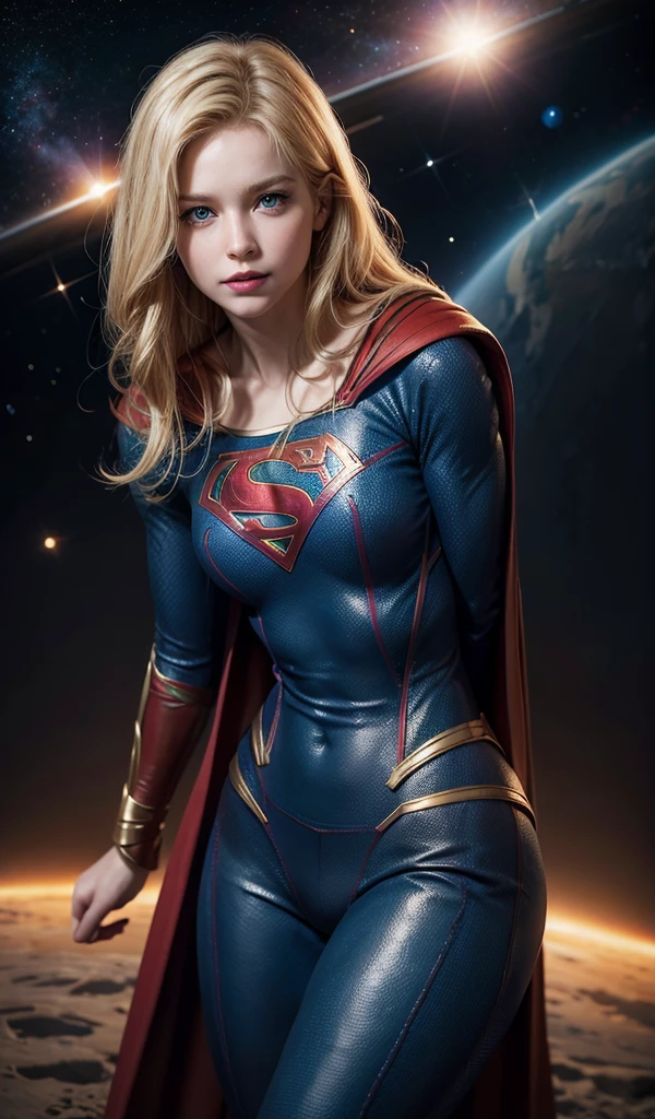 The actress Sidney Sweeney as the character Supergirl, extremely beautiful blue eyes, beautiful blond hair, incredible beautiful buttock, smooth curves, perfect smile, red cape, space in the background 