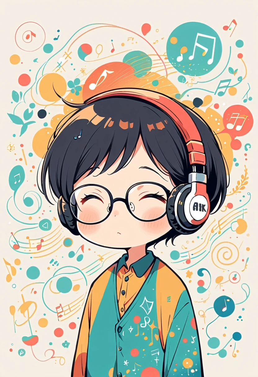 Watase Seizo style, Standing in front of a wall，Simple line initials，Abstract art，Upper Body,The World of Musical Notes, Short Hair,Black Hair,Wear headphones, Large black-rimmed glasses, (((The most adorable man))), (((a bit)))