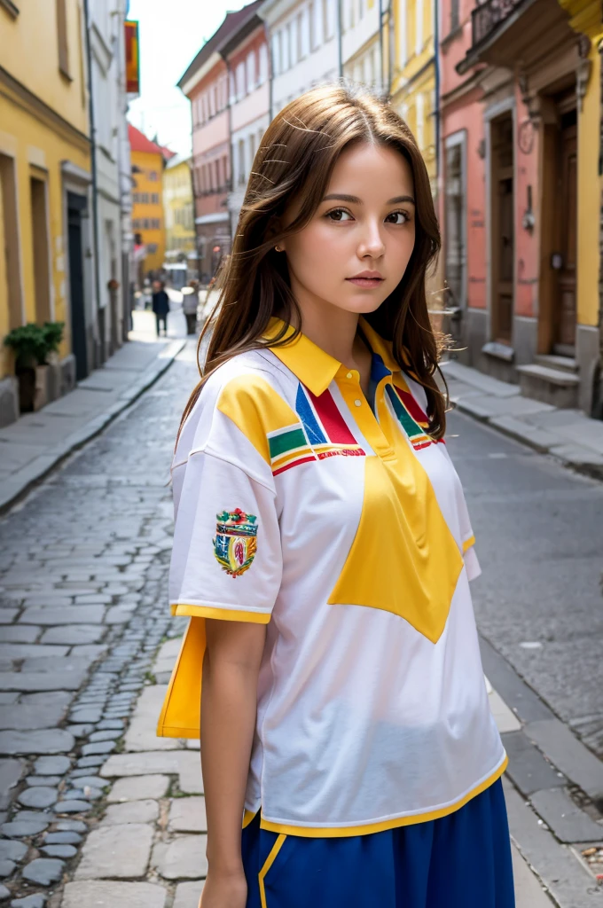 Shot of a stunning woman standing proudly on a vibrant street in Lviv, Ukraine. She's sans glasses, her light hair blowing gently in the breeze. Her eyes shine bright as she holds two Ukrainian flags, one in each hand. She wears a traditional embroidered shirt, a pop of color against the cityscape. The warm sunlight casts a golden glow, highlighting the textures of her clothing and the flags' bold colors.