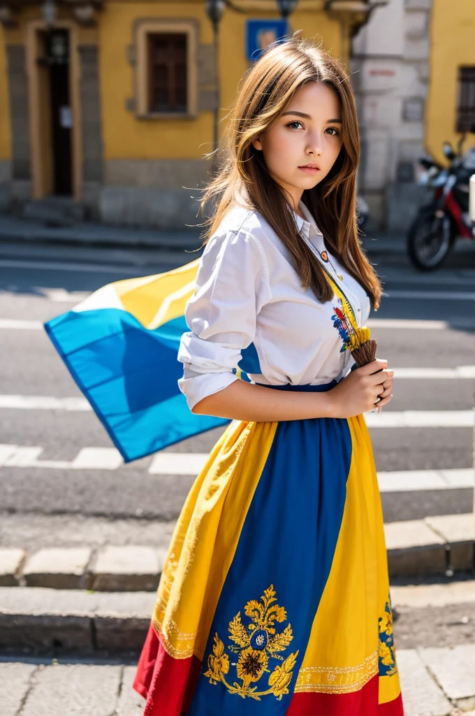 Shot of a stunning woman standing proudly on a vibrant street in Lviv, Ukraine. She's sans glasses, her light hair blowing gently in the breeze. Her eyes shine bright as she holds two Ukrainian flags, one in each hand. She wears a traditional embroidered shirt, a pop of color against the cityscape. The warm sunlight casts a golden glow, highlighting the textures of her clothing and the flags' bold colors.