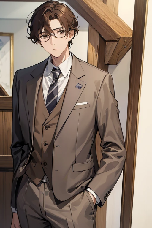 ((Highest quality)), ((masterpiece)), (detailed), One male、A photo showing your thighs to the top of your head、Standing facing the camera、Front facing、Brown Hair、wavy hair、Brown eyes、Glasses、Slim body、brown tailored jacket、White shirt、Grey trousers、Expressionless、Looking into the distance、White background