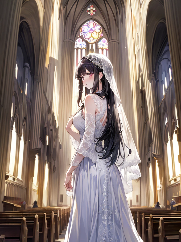 ((masterpiece))、((Highest Resolution))、((lonely japanese woman))、(Transparent white skin)、(((In the background is a large Roman church)))、(((Facing forward)))、I clasp my hands together and look up to the sky as if praying.、Depict the whole body、purple wedding dress、A dress with lots of lace、Gorgeous wedding dresses、expensive wedding dresses、Straight long hair、Ash's Hair、Wearing a shiny golden tiara、Wearing purple sheer lace wedding gloves、Narrow waist、A long lace stretches down the back、Large Breasts、
