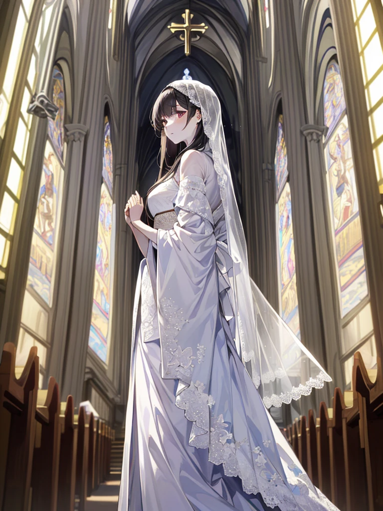 ((masterpiece))､((Highest Resolution))､((lonely japanese woman))､(Transparent white skin)､(((In the background is a large Roman church)))､(((Facing forward)))､I clasp my hands together and look up to the sky as if praying.､Depict the whole body､purple wedding dress､A dress with lots of lace､Gorgeous wedding dresses､expensive wedding dresses､Straight long hair､Ash&#39;s Hair､Wearing a shiny golden tiara､Wearing purple sheer lace wedding gloves､Narrow waist､A long lace stretches down the back､Large Breasts､