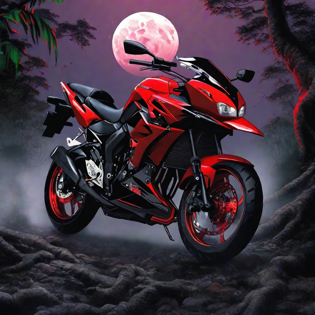 motorcycle, Kawasaki ninjas, masterpiece, Best quality, extremely detailed, in the jungle, black and red, with red backlight, In the dark, night, moon