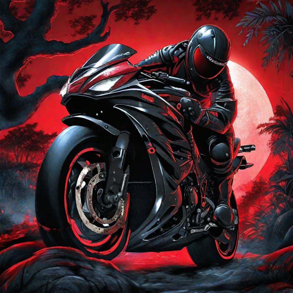 motorcycle, Kawasaki ninjas, masterpiece, Best quality, extremely detailed, in the jungle, black and red, with red backlight, In the dark, night, moon