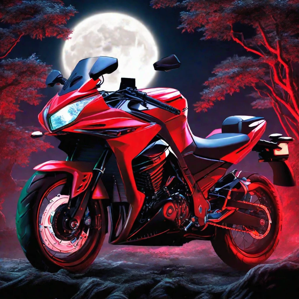 motorcycle, Kawasaki ninjas, masterpiece, Best quality, extremely detailed, in the jungle, black and red, with red backlight, In the dark, night, moon