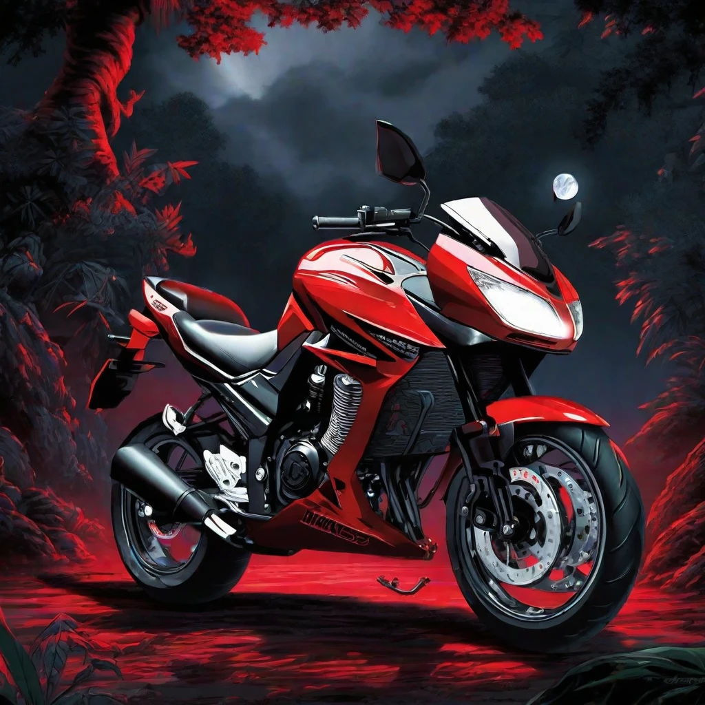 motorcycle, Kawasaki ninjas, masterpiece, Best quality, extremely detailed, in the jungle, black and red, with red backlight, In the dark, night, moon