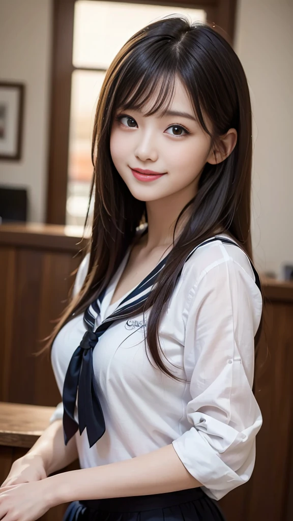 ((Highest quality、masterpiece、High resolution))、(((Zoom photo of upper body)))、(A shy smile:1.2)、15-year-old female、Beautiful Skin、Beautiful Eyes、Large Breasts、Sailor suit、Black Hair、Straight hair、Shorn bangs BAR clerk Sexy interior