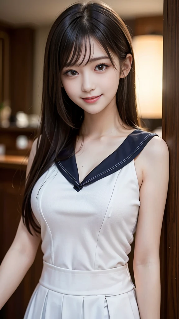 ((Highest quality、masterpiece、High resolution))、(((Zoom photo of upper body)))、(A shy smile:1.2)、 female、Beautiful Skin、Beautiful Eyes、Large Breasts、Sait、Black Hair、Straight hair、Shorn bangs BAR clerk Sexy interior