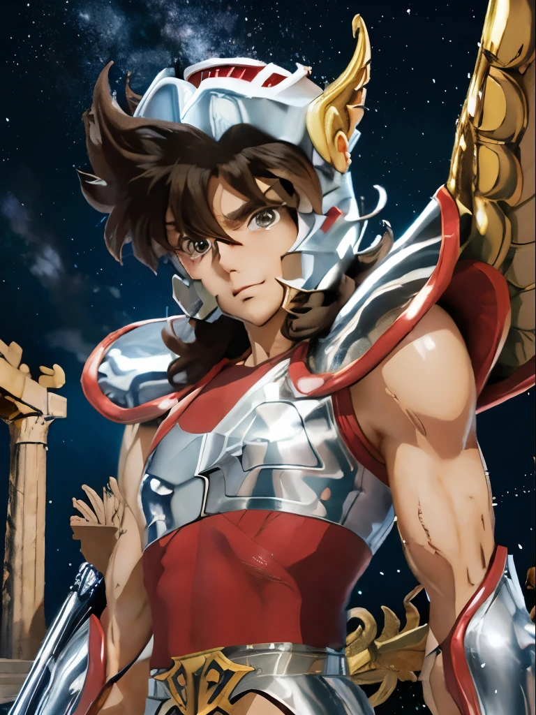 work of art, best qualityer, ultra high resolution, textura de pele realista,silver armor, armour, (photorrealistic:1.4), high resolution, CRU photo, 1 girl, shining skin, (skin-detail:1.2), textura de pele realista, better lighting, wearing red panties, (perfect chest:1.3), Glow Up, armour mecha, (shorth hair:1.2), (Seiya Pegasus:1.2), wearing a winged helmet, dramatic lighting, dynamic pose, (greek temple background:1.3), night sky, kosmos, Milky Way,