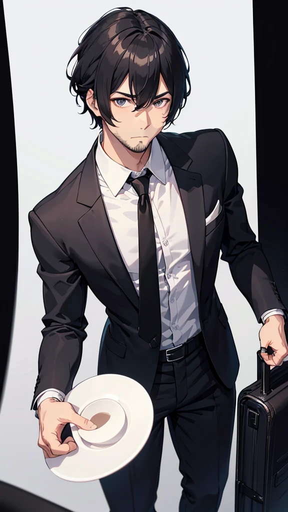 male、32 years old、less beard、Tired face、Glaring eyes、Long bangs parted、Shot from the thigh up、Are standing、looking at the camera、Black suit、Plain white background、Single、Japanese salaryman、Simple poses