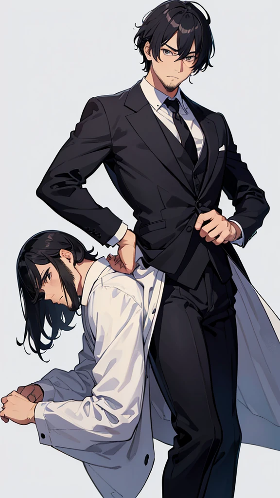 male、32 years old、less beard、Tired face、Glaring eyes、Long bangs parted、Shot from the thigh up、Are standing、looking at the camera、Black suit、Plain white background、Single、Japanese salaryman、Simple poses