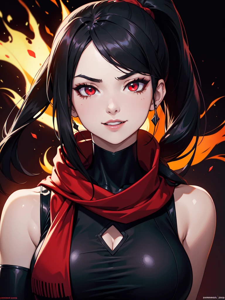 (((Portrait Photo))), She has a Bold, Assertive 18-Year-Old Appearance, with a Strong, Curvaceous Build, and an Cheerful Demeanor. She has Long, Straight Black Hair Tied in a High Ponytail, with Loose Strands Framing Her Face. Her Fiery Red Eyes Sparkle with Boldness and Mischief, Giving Off a Fearless and Self-Confident Attitude. She Wears a Black, Form-Fitting Sleeveless Bodysuit with Cutouts, Paired with a Huge, Long Red Scarf. (((High Quality, Dark Background))), (((Portrait Photo)))