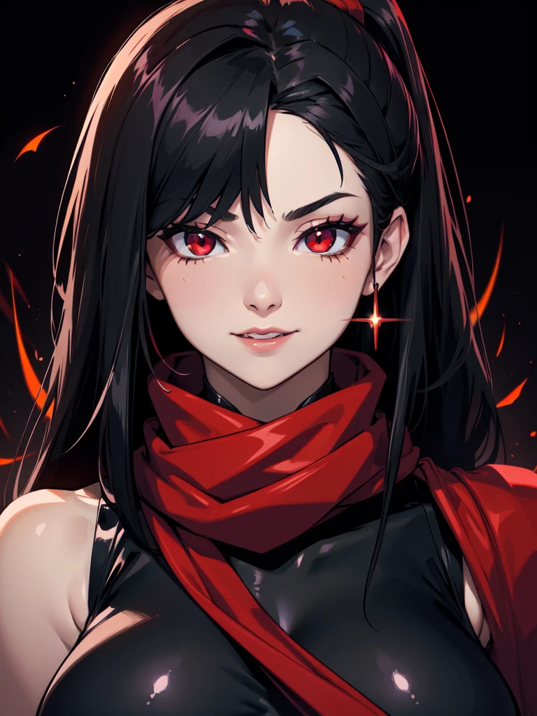 (((Portrait Photo))), She has a Bold, Assertive 18-Year-Old Appearance, with a Strong, Curvaceous Build, and an Cheerful Demeanor. She has Long, Straight Black Hair Tied in a High Ponytail, with Loose Strands Framing Her Face. Her Fiery Red Eyes Sparkle with Boldness and Mischief, Giving Off a Fearless and Self-Confident Attitude. She Wears a Black, Form-Fitting Sleeveless Bodysuit with Cutouts, Paired with a Huge, Long Red Scarf. (((High Quality, Dark Background))), (((Portrait Photo)))