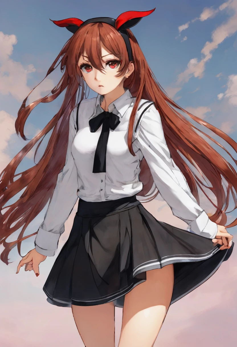 eris greyrat, 1girl, solo, long hair, ahoge, red eyes, red hair, bare shoulders,hairband, crossed arms,blush, skirt, black hairband, breasts, detached sleeves,bangs, hair between eyes, long sleeves, hair flaps, closed mouth, black skirt, brown skirt, shirt, crossed bangs, very long hair, white shirt,biwm,pointing at self,shouting,angry,