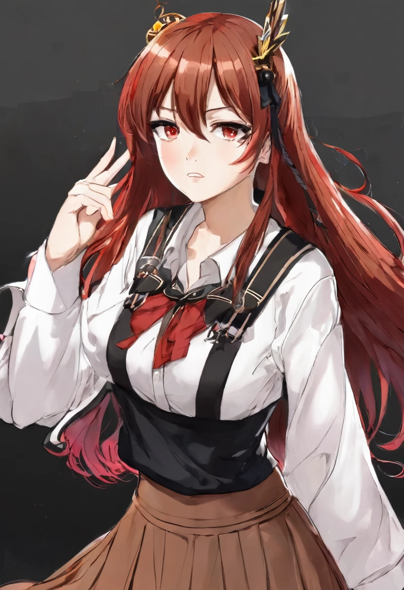 eris greyrat, 1girl, solo, long hair, ahoge, red eyes, red hair, bare shoulders,hairband, crossed arms,blush, skirt, black hairband, breasts, detached sleeves,bangs, hair between eyes, long sleeves, hair flaps, closed mouth, black skirt, brown skirt, shirt, crossed bangs, very long hair, white shirt,biwm,pointing at self,shouting,angry, 