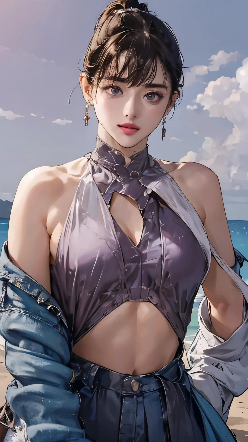 (8k、RAW Photos、Highest quality、Masseter region:1.2)、Very detailedな、Ultra-high resolution、(Realistic、Realistic photos:1.37)、Portraiture、High-resolution RAW color photos、Professional photography、hVery detailed and beautiful、Very detailed、8k Picture Wallpaper、Amazing details、Large file size、Official Art、HVery detailed CG Unity 8k wallpapers、hVery detailed beautiful girl、Very detailed顔、Very detailed目、Very detailed皮膚、Very detailed指、hVery detailed nose、Very detailed詳細な口、Perfect Anatomy、Detailed Background、Detailed clothing、1 Girl、(20:1.2)、20th Generation、cute、Realistic bPetite、White skin、Glowing Skin、the body is slim、Black-haired、((short hair))、((ponytail))、(Blunt bangs: 1.2)、cute、Zola々right、cute faces、A vivid face、Delicate eyes、Source order、((No bra))、((black mini skirt look))、((Red lipstick and purple eyeshadow))、((The chest is exposed:1.5))、((Exposed shoulders:1.5))、(((No good)))、(((Full nudity)))、((Backward Shot))、((Full Body Shot))、((Dreamy look))、Earrings、necklace、Looking into the camera、Cowboy Shot、positive、Standing posture、Contrapo、Dynamic Lighting、((Firm D-cup milk))、
