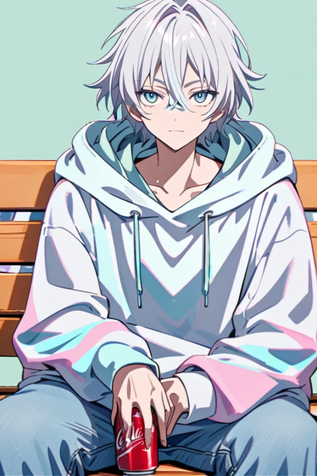 Generate an anime-style artwork of a young man with long, silver hair, wearing an oversized hoodie and loose jeans. He has a relaxed expression and is sitting on a bench, holding a soda can. The background features a minimalist design with contrasting pastel colors. Emphasize the details in his facial features, hair, and clothing folds.