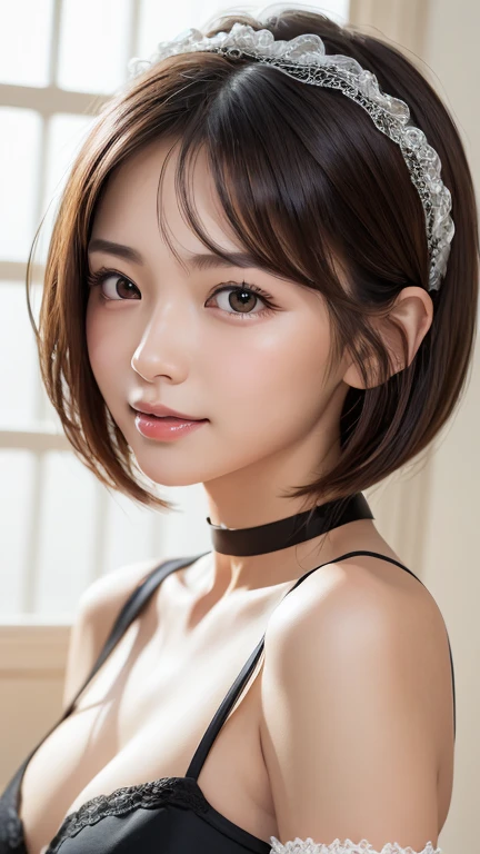masterpiece、masterpiece、One girl per photo、(Face close-up、Cowboy Shot)、Front view from the front、Japanese、Very young and beautiful woman、(The cutest girl in the world)、24-years-old、Makes your face smaller、Small breasts、Cleavage、Wearing a cute black maid outfit made of short sleeve silk satin、Very elaborate costumes、Smiling at the cafe、Black ribbon headdress、Scrunchie、Black choker、Attractive person、Super cute face、Glossy Lips、Double eyelids on both eyes、 Natural Makeup、Long eyelashes、Shiny and smooth light brown hair、Bans、bob cut、Show your forehead、Center image、8k resolution、Advanced Details、Detailed hairstyle、Detailed face、Great cinema lighting、Octane Rendering、Vibrant、Ultra-realistic、Perfect limbs、Perfect Anatomy、Open your mouth a little