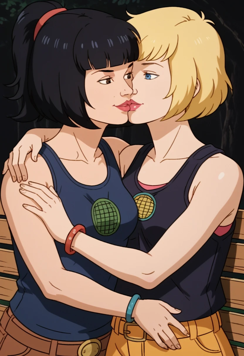 score_9, score_8, score_7, score_8_up, score_7_up, score_6_up, 2girls, (((xgix,black hair,bob cut,blunt bangs,brown eyes,lipstick,bracelet, tank top, belt, small breasts))), (((xlinkax, blonde hair, ponytail, blue eyes, medium breasts, tank top))),   standing, by wooden bench, light smile, front view , sunshine, hugging,upper body, portrait, kissing, 