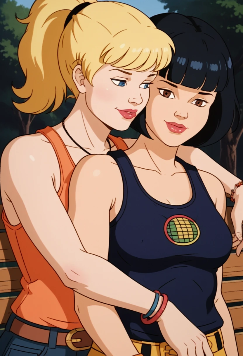 score_9, score_8, score_7, score_8_up, score_7_up, score_6_up, 2girls, (((xgix,black hair,bob cut,blunt bangs,brown eyes,lipstick,bracelet, tank top, belt, small breasts))), (((xlinkax, blonde hair, ponytail, blue eyes, medium breasts, tank top))), standing, by wooden bench, light smile, front view , sunshine, hugging,upper body, portrait, kissing,