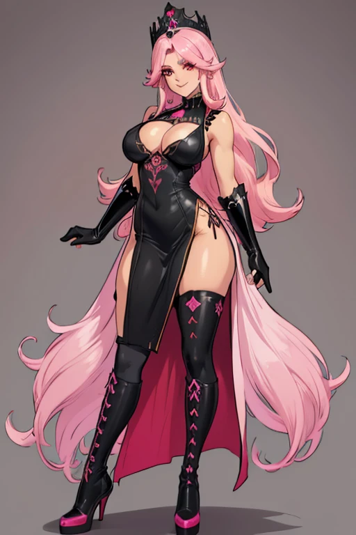 female, silver messy long hair, red eyes, tanned skin, (((1girl))), (((black sleeveless regal dress with pink trim))), (black opera gloves), (pink stockings), (black knee high heeled boots), (gold ornate crown), cute and sexy, full body, big breasts, long legs, smiling, cleavage