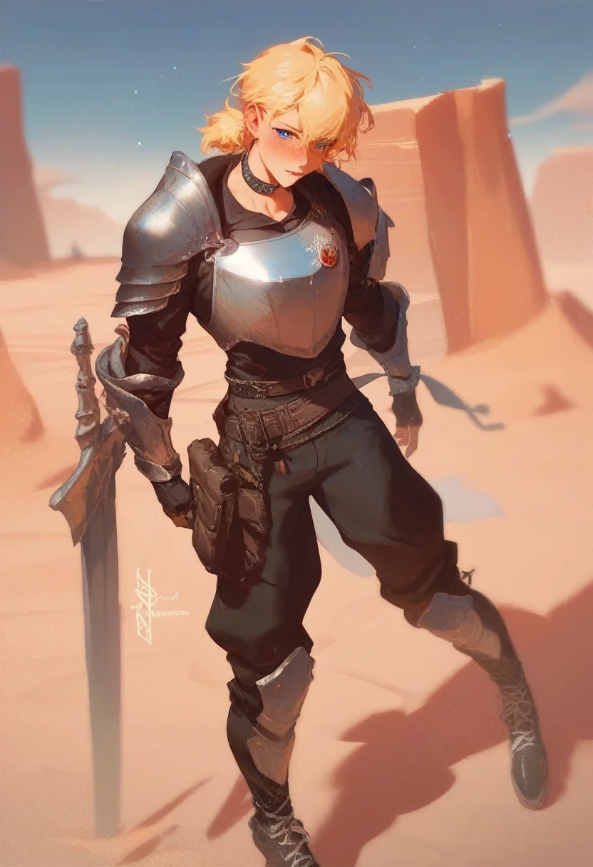 Male soldier, solo, black eyeliner, male medium length hair, medium hair texture, yellow hair, handsome, blue eyes, black choker, black clothes, black armour, black long boots, desert, red lipstick, femboy, blush, thin waist,