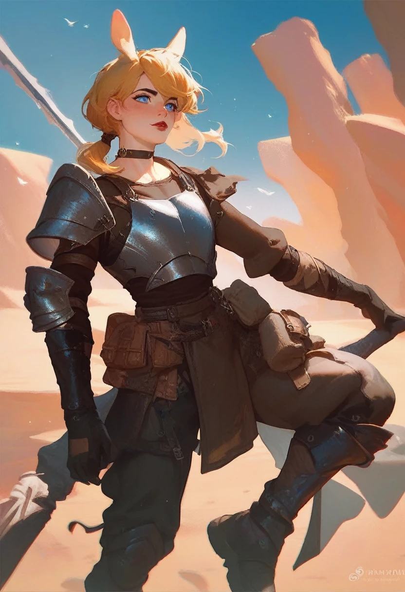 Male soldier, solo, black eyeliner, male medium length hair, medium hair texture, yellow hair, handsome, blue eyes, black choker, black clothes, black armour, black long boots, desert, red lipstick, femboy, blush, thin waist,